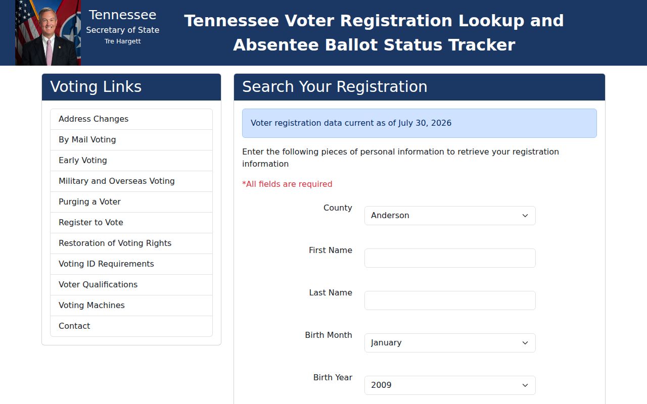 La Vergne voter records lookup fields on the Tennessee tool